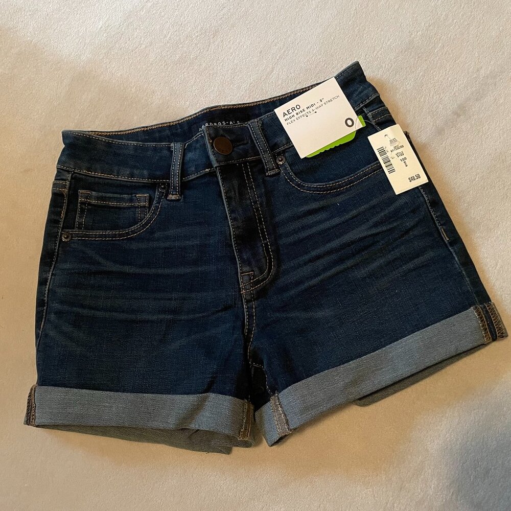 Aeropostale, 0, High Rise, 3' Midi, Dark Wash shorts.